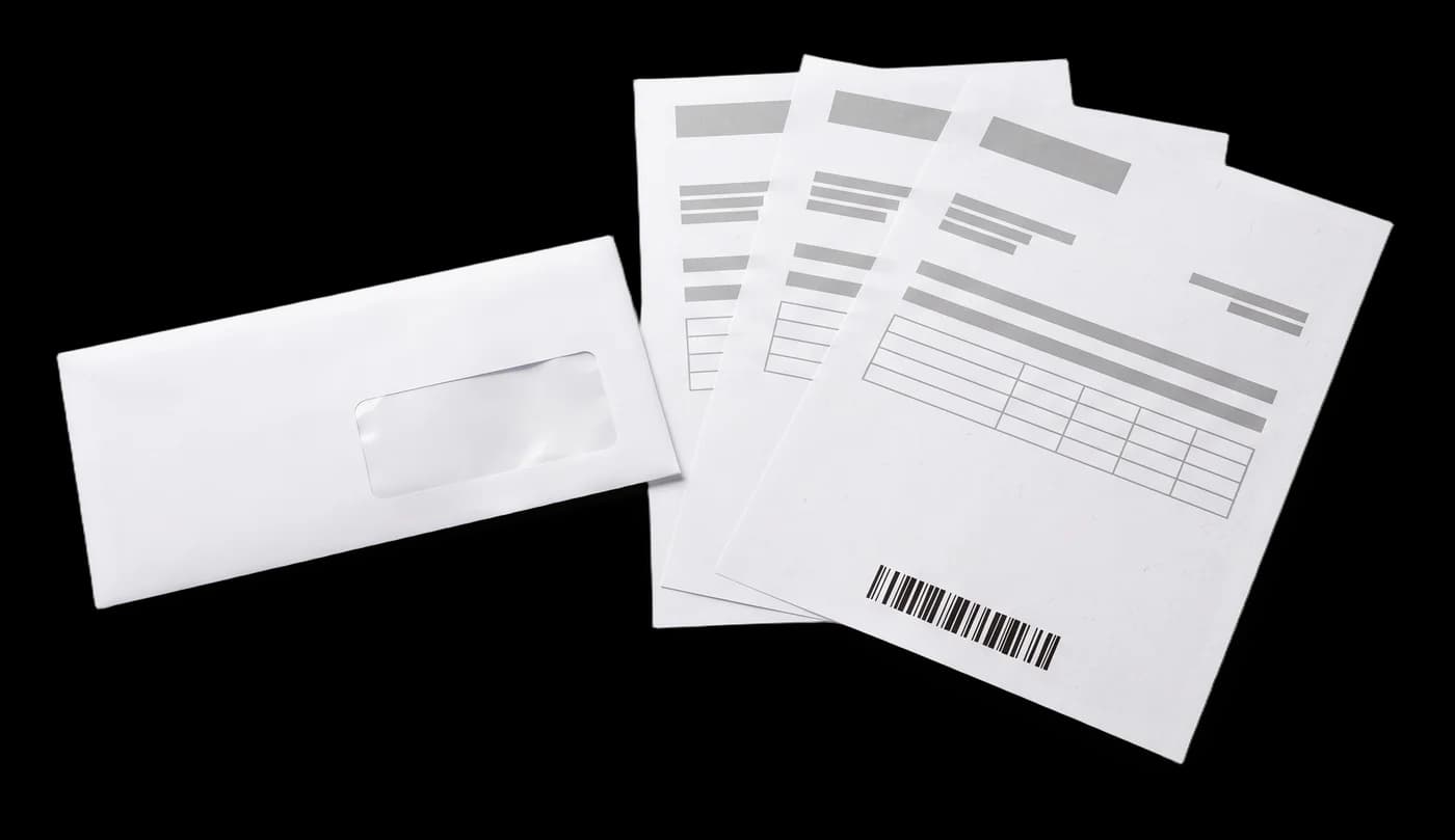 Faturas com código de barras ao lado de um envelope com janela