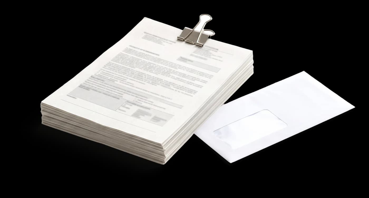 Documentos impressos presos com prendedor ao lado de um envelope com janela