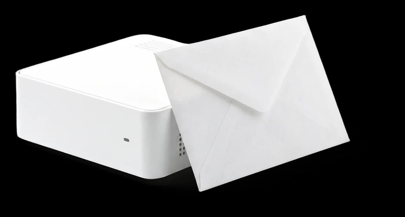 Mini PC branco com um envelope encostado