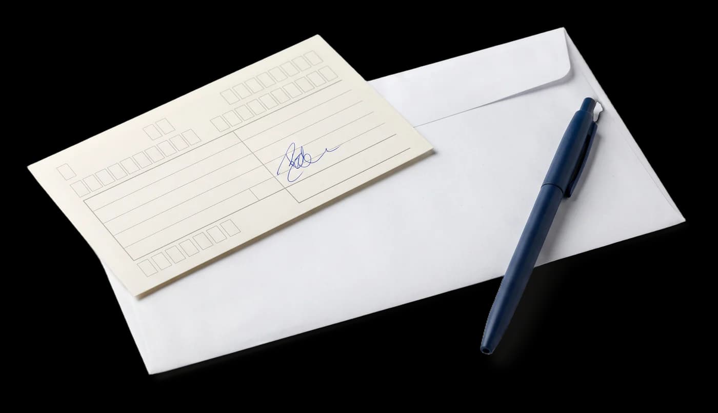 Cartão de aviso de recebimento assinado sobre um envelope branco