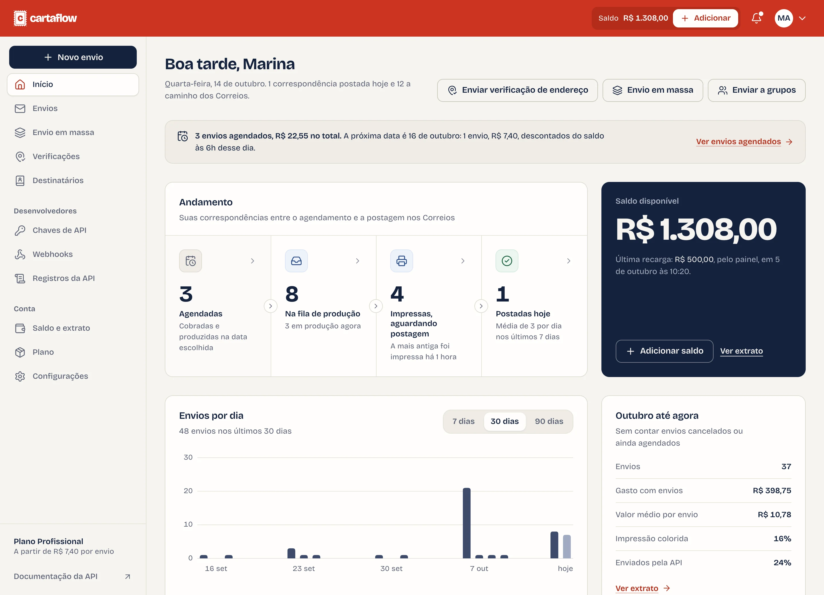 Início do painel da CartaFlow com o andamento dos envios, o saldo disponível e os envios por dia