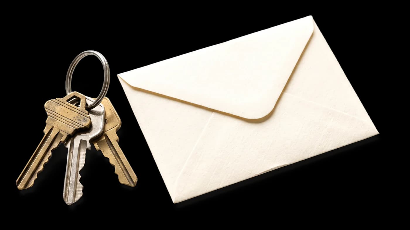 Chaves de casa ao lado de um envelope fechado