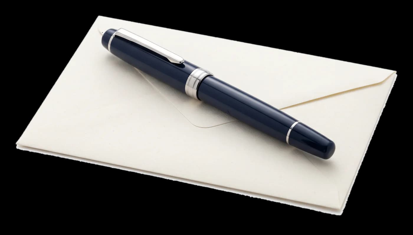 Caneta-tinteiro azul-marinho sobre um envelope creme