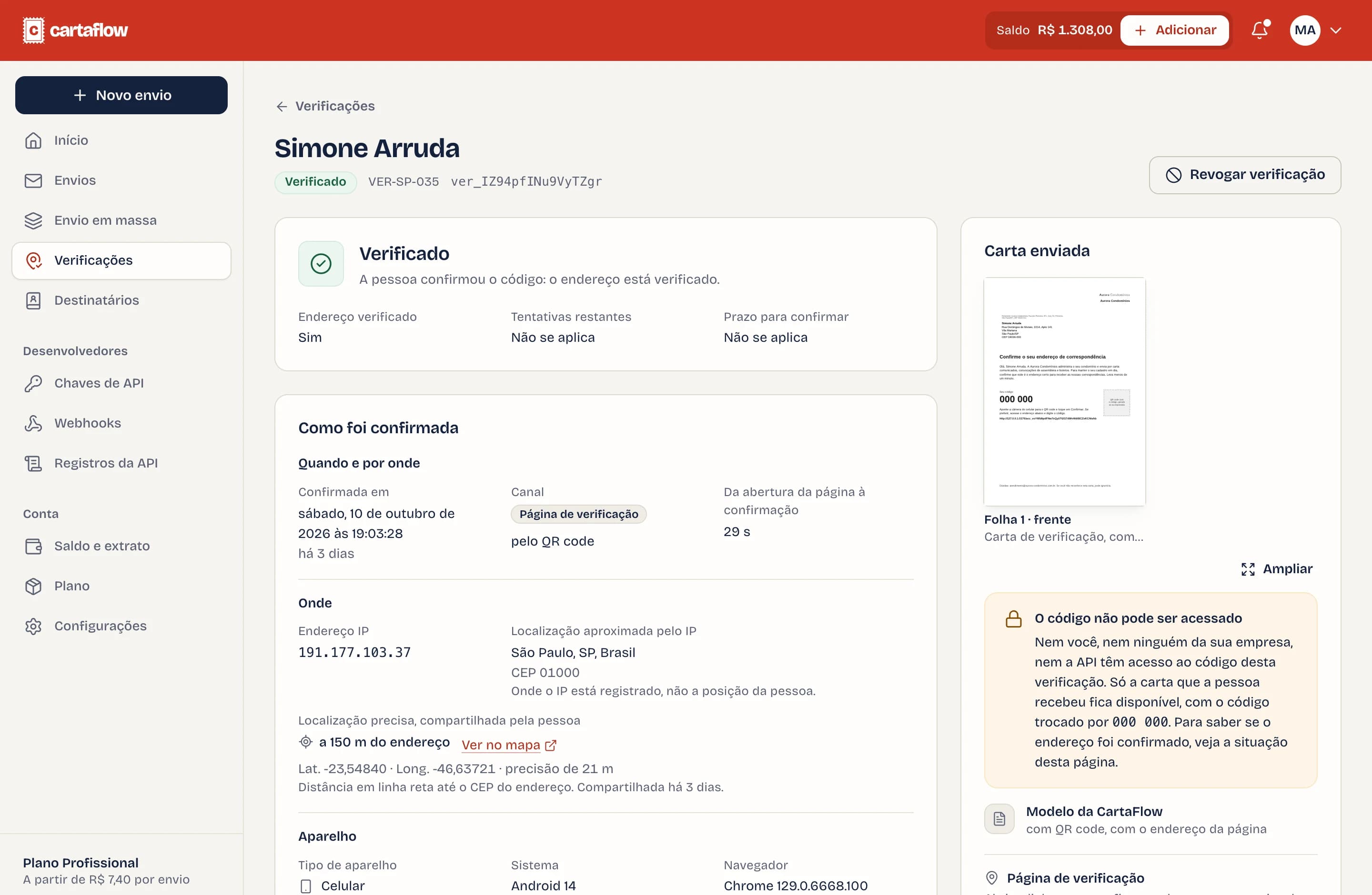 Página de uma verificação concluída, com data, canal, IP, localização aproximada e aparelho da confirmação