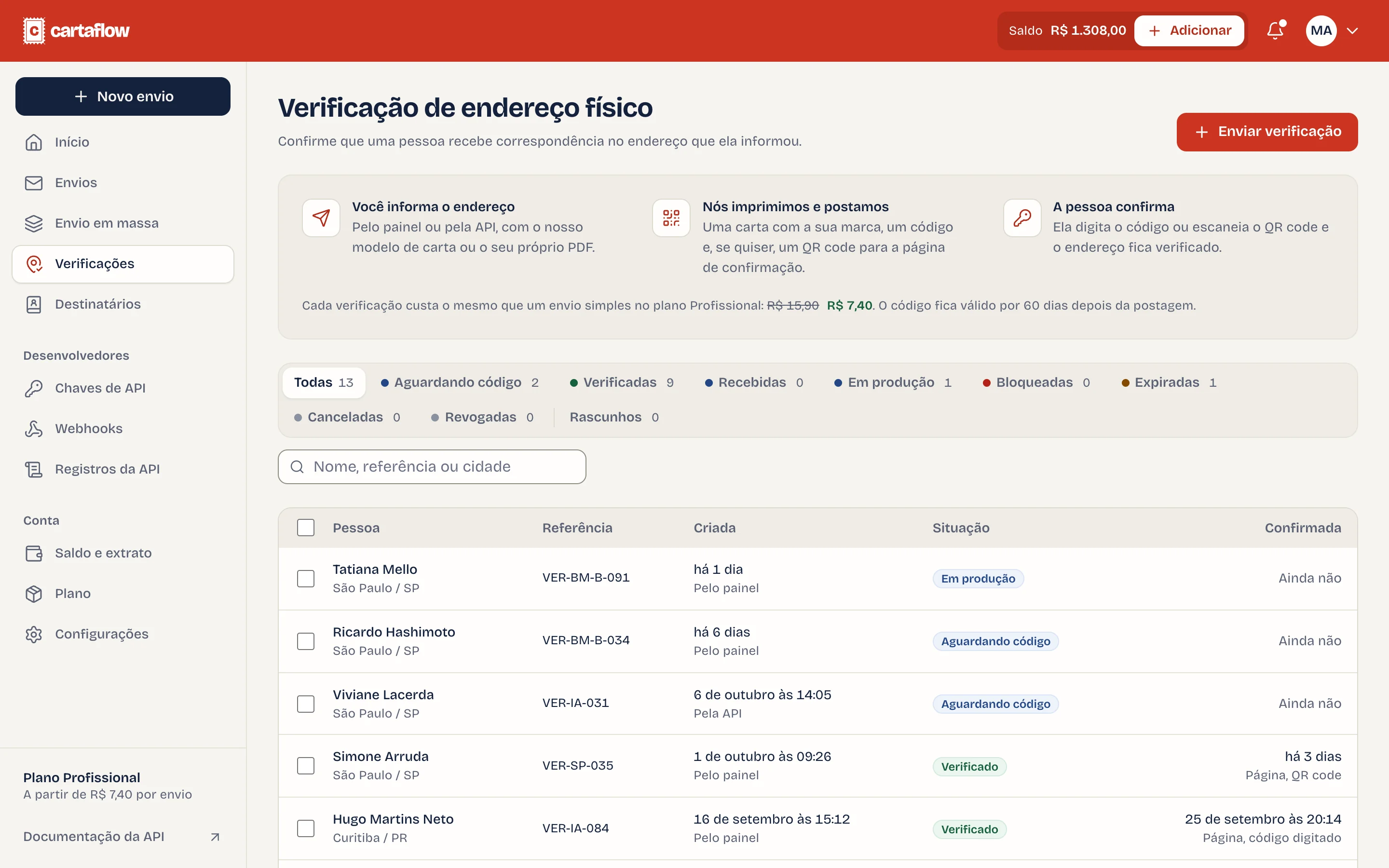 Lista de verificações de endereço no painel, com a situação de cada uma